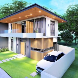 Charming front view of a four-bedroom Asian contemporary style house in Ananda Homes, Casili, Consolacion, Cebu, featuring a sleek design with ample windows, a welcoming entrance, and a peaceful, landscaped front yard.
